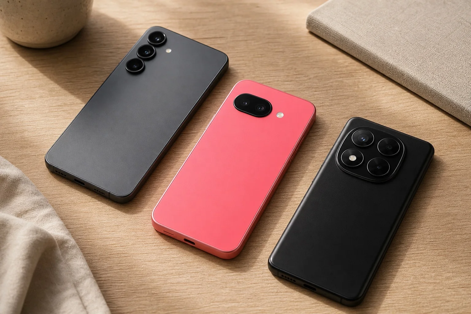 Telefoane midrange sub 2000 lei comparate pe birou: Galaxy A56, Pixel 9a, Redmi Note 14 Pro