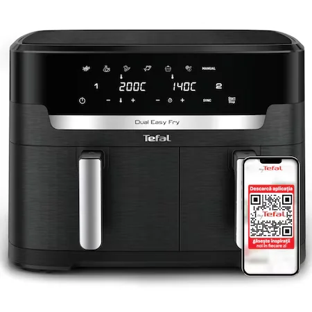 Friteuza dubla cu aer cald Tefal Dual Easy Fry XXL EY9428E0, 2700 W, capacitate 11 L, 7 programe, vase detasabile…
