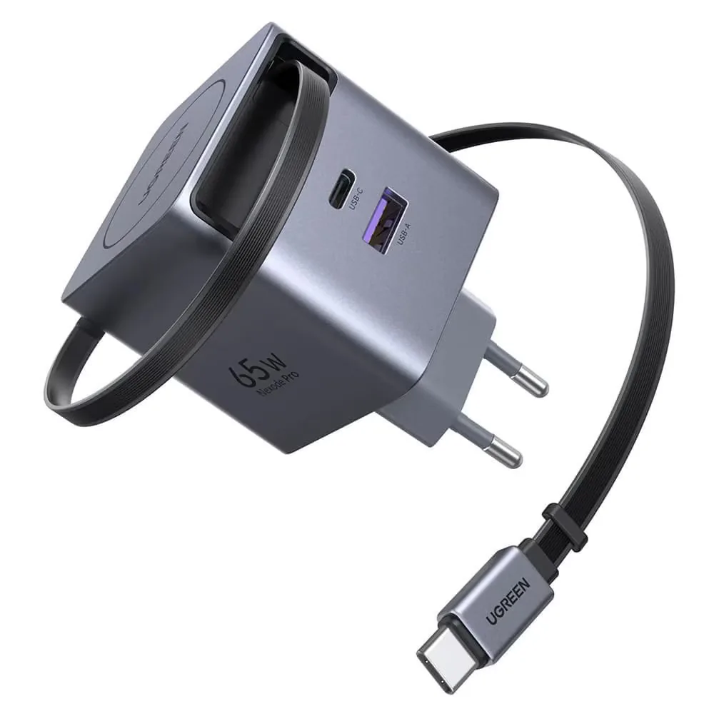 Incarcator priza UGREEN GaN, Fast Charge 65W, 2x USB-C + 1 xUSB-A, Cablu Retractabil 0.7m, Protectie Avansata – Space Gray