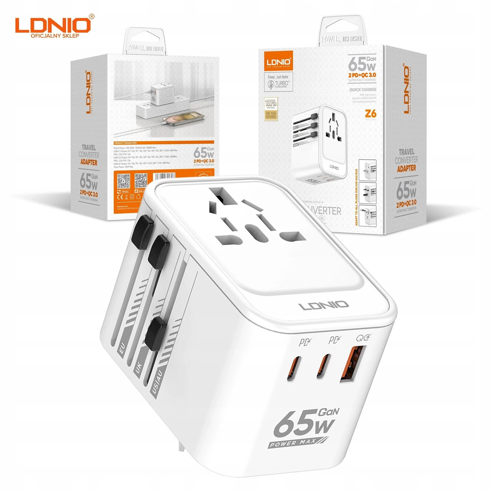 Adaptor incarcator de calatorie rapid LDNIO, mic, US/UK/EU/AU, 65W GaN, 2xUSB-C, 1xUSB-A