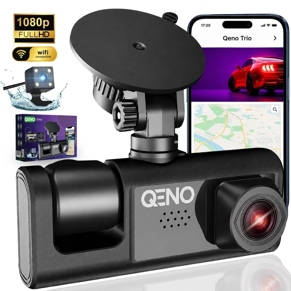 Camera Auto DVR Tripla Qeno TRIO, Camera de bord cu 3 Camere, Fata Interior Spate, Full HD 1080P, Dashcam Auto,…