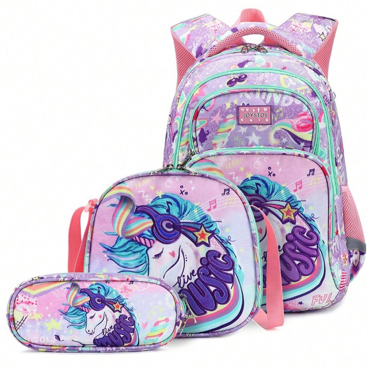 Set Ghiozdan Joystos, Rucsac Ergonomic, Geanta pentru Pranz, Penar, Design Muzica Unicorn