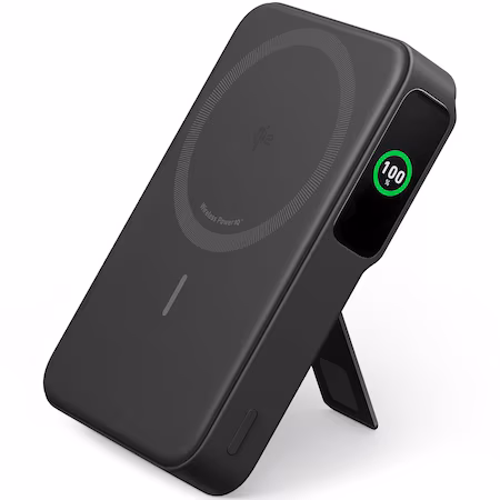 Acumulator extern wireless Anker MagGo Qi2 10.000 mAh 15W USB-C, suport pliabil, smart display, Negru
