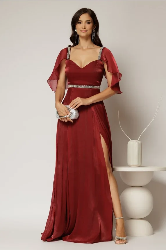 Rochie DY Fashion bordo lungă de seară cu aplicații de perle pe talie