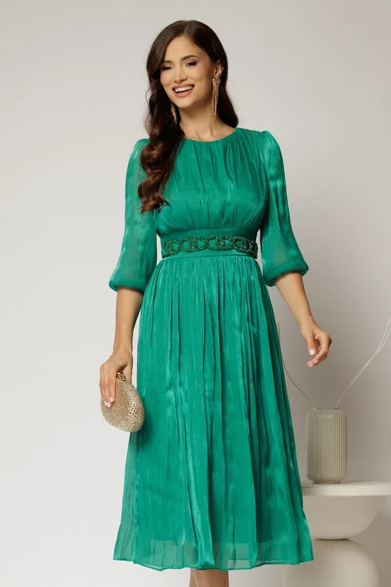 Rochie midi verde de ocazie din voal peliculizat cu cordon detașabil