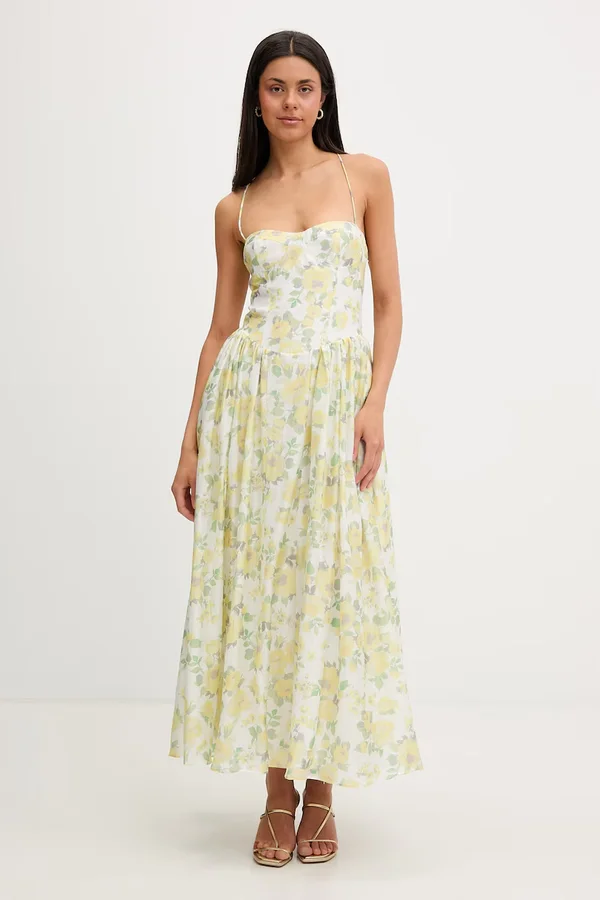 Bardot rochie cu corset cu lyocell galbenă înflorată