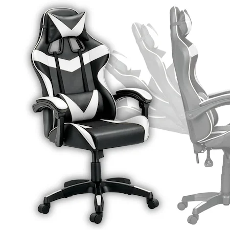 Scaun Gaming GALAXIA, piele ecologica, suport lombar reglabil, tetiera, spatar rabatabil 135, alb-negru